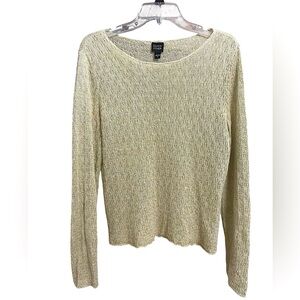 EILEEN FISHER WOMENS WHEAT YELLOW OPEN KNIT LONG SLEEVE LINEN TOP SIZE MEDIUM